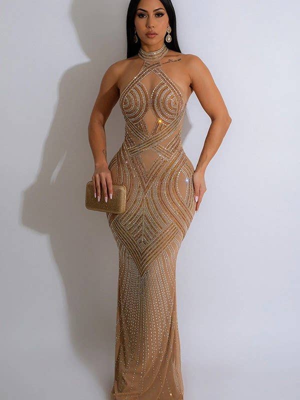 Embellished Mesh Halter Neck Gown for wholesale by Aria Romance