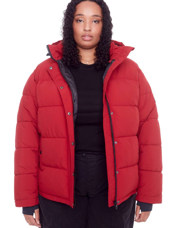 FORILLON PLUS | WOMEN'S VEGAN DOWN (RECYCLED) SHORT QUILTED PUFFER JACKET, DEEP RED (PLUS SIZE) for wholesale by Alpine North US