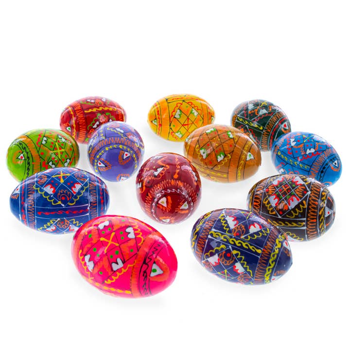 BestPysanky - Wholesale Decorative Tabletop Object - Set of 12 Handcrafted Geometric Ukrainian Pysanky Wooden Easter Eggs 2.5 Inches