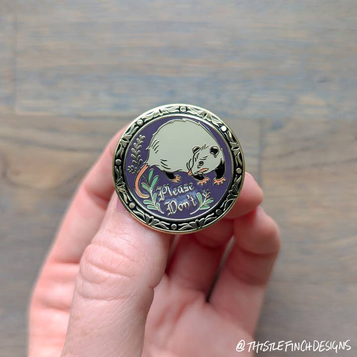 Thistle Finch Designs - Wholesale Lapel Pin/Button - Please Don't Opossum Hex Sign Gold Hard Enamel Pin1