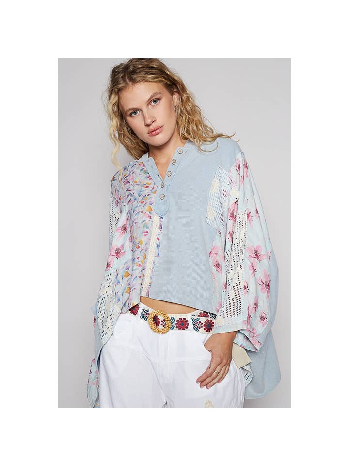 Pol Clothing - Wholesale Knit Top - Women's - Oversize long thermal crochet contrast patch top SALE