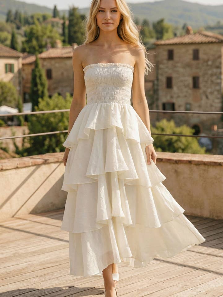 ID8532 SMOCKED STRAPLESS TIERED RUFFLED MAXI DRESS for wholesale by Klesis