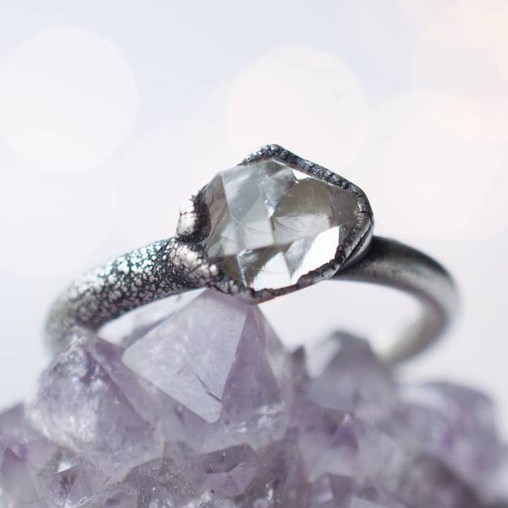 Oxidized silver raw crystal ring | Herkimer diamond ring for wholesale by HAWKHOUSE