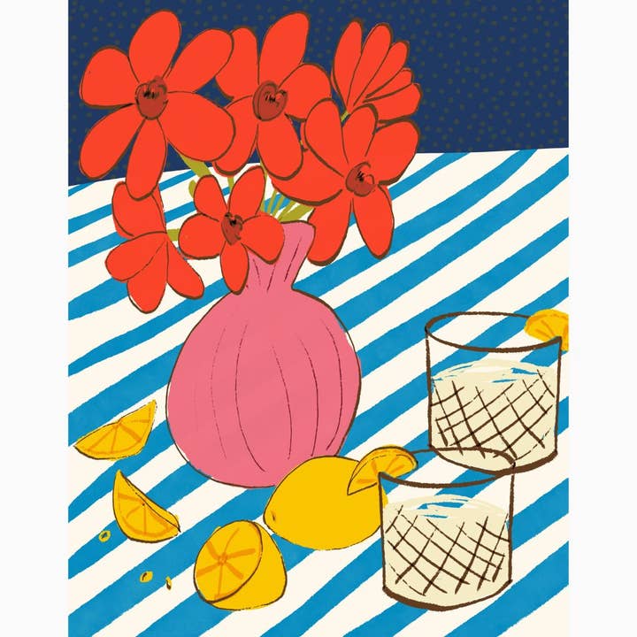 Retro Lemon Cocktails Bold Floral Still Life with Striped Table | Vintage-Inspired Summer Kitchen Art Print for wholesale by Brittany Bouyer