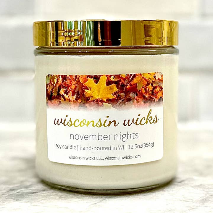 'November Nights' Fall, Autumn Scented Soy Jar Candle for wholesale by Wisconsin Wicks