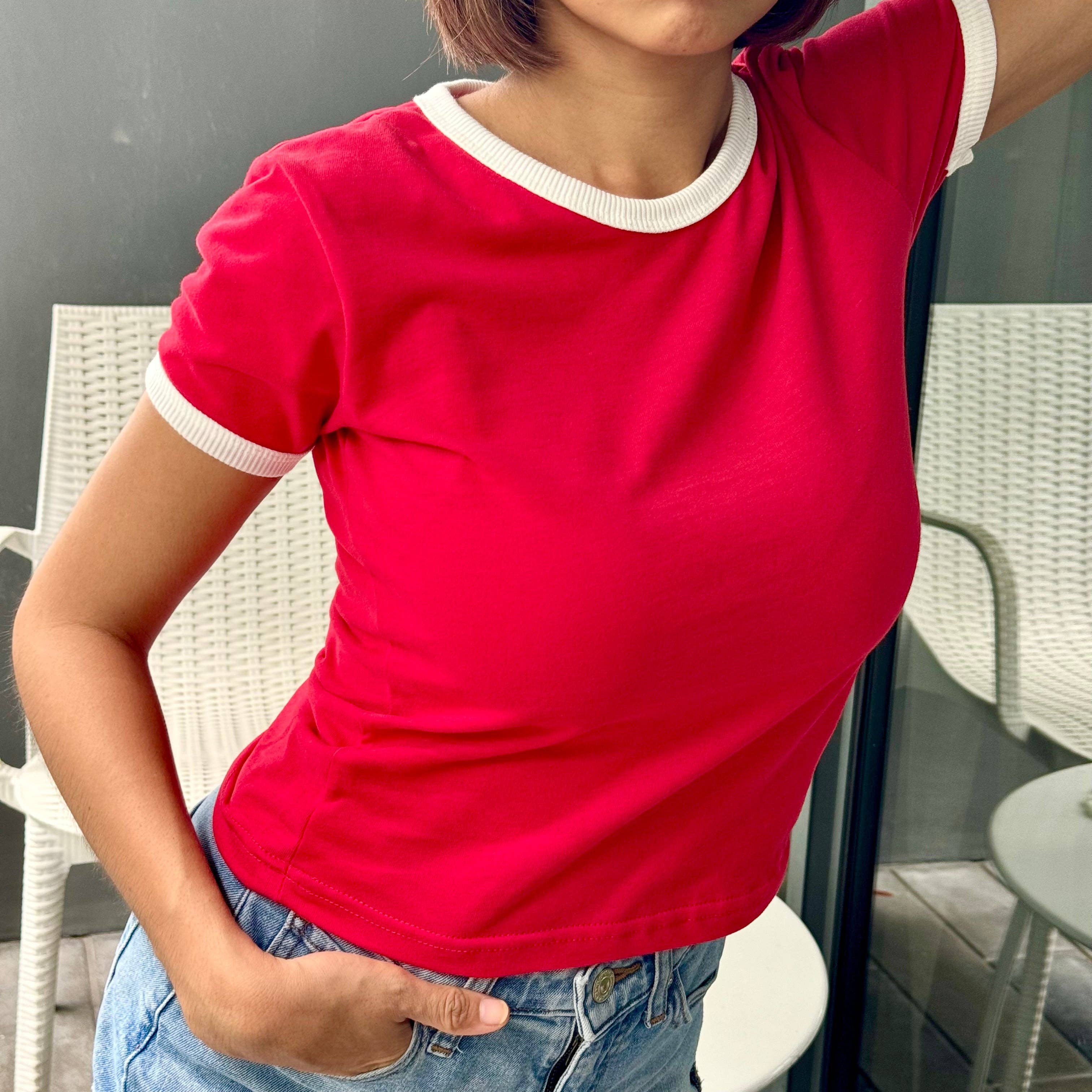 Artree – wholesale T-shirt - Barn – Ringer-T-shirt Blankt Röd Vit Tonårsflickor Figursydd Topp3