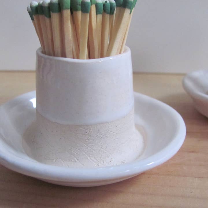 Amber Vintage Chicago Pottery – wholesale Match holder – Handmade Ceramic Match Striker with Dish