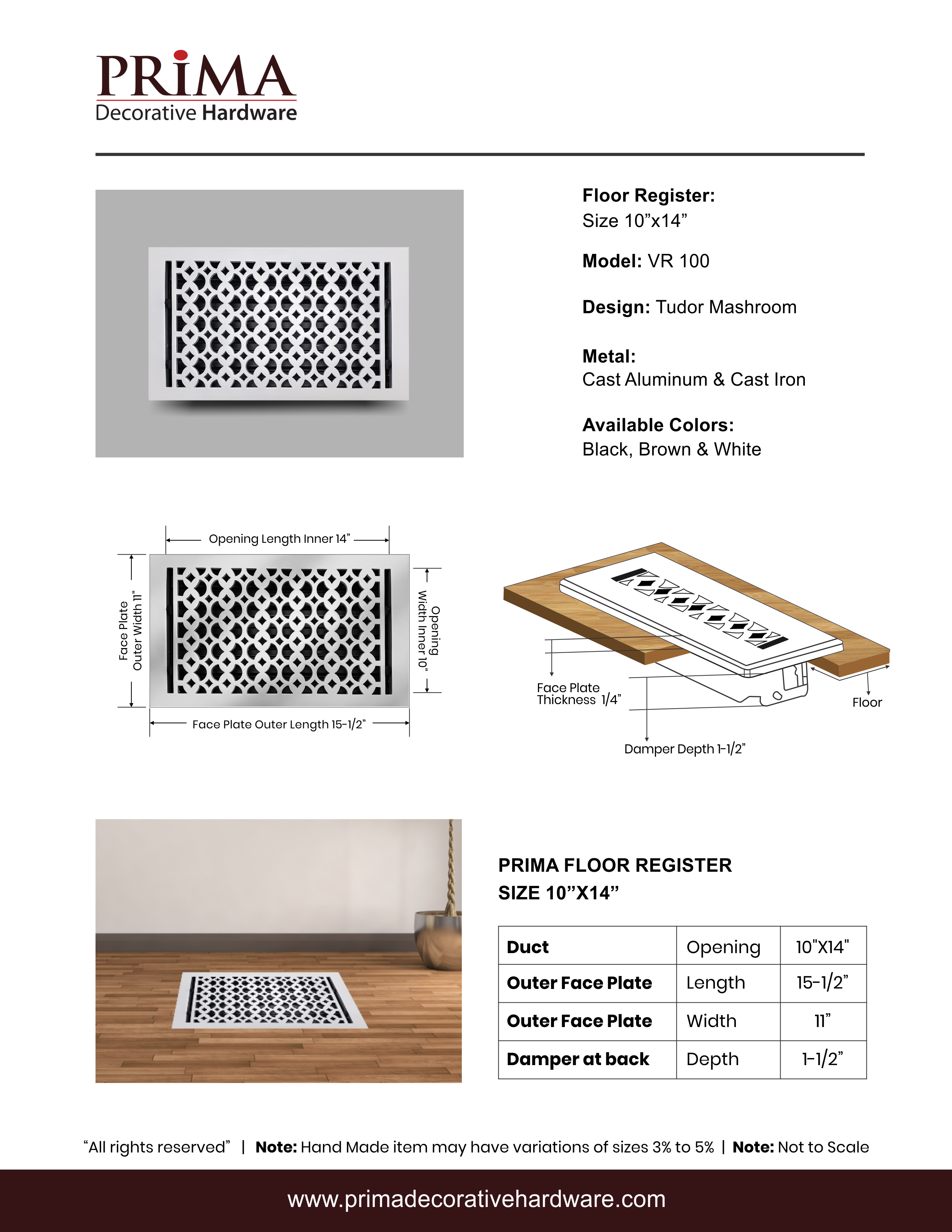 PRIMA DECORATIVE HARDWARE INC – wholesale HVAC supplies – Cast Aluminum Floor Register 10" x 14" VR-1008
