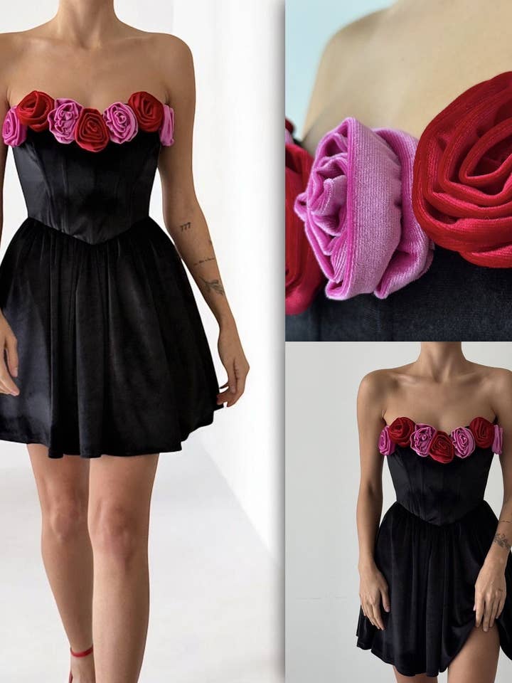 Black strapless dress with flowers – ROY for wholesale by MAXMILA PARIS
