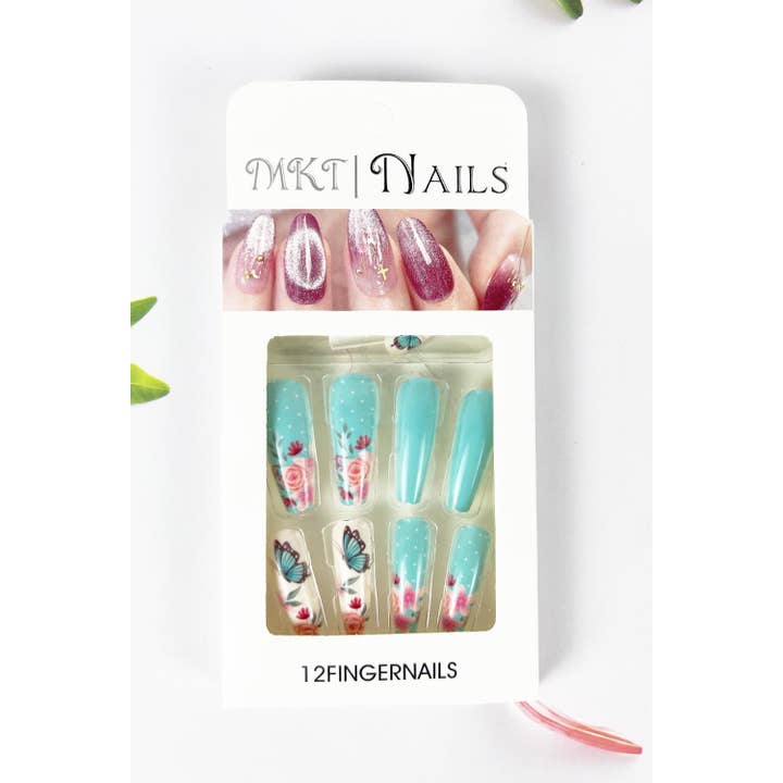 ASSORTED LONG COFFIN SHAPED PRE GLUED NAIL OF BUTTERFLY FLOWER PRINT for wholesale on Faire4