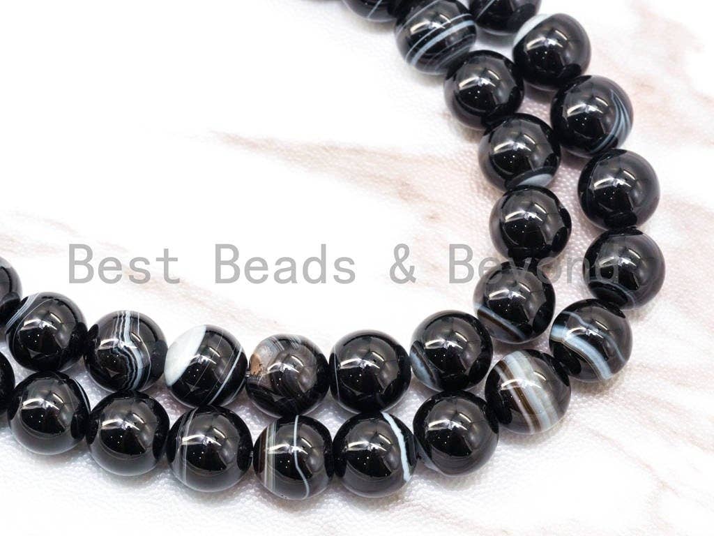 BestBeads&Beyond - Wholesale Beads - Natural Black white Banded Agate Beads, Round Smooth,SKU#Q60