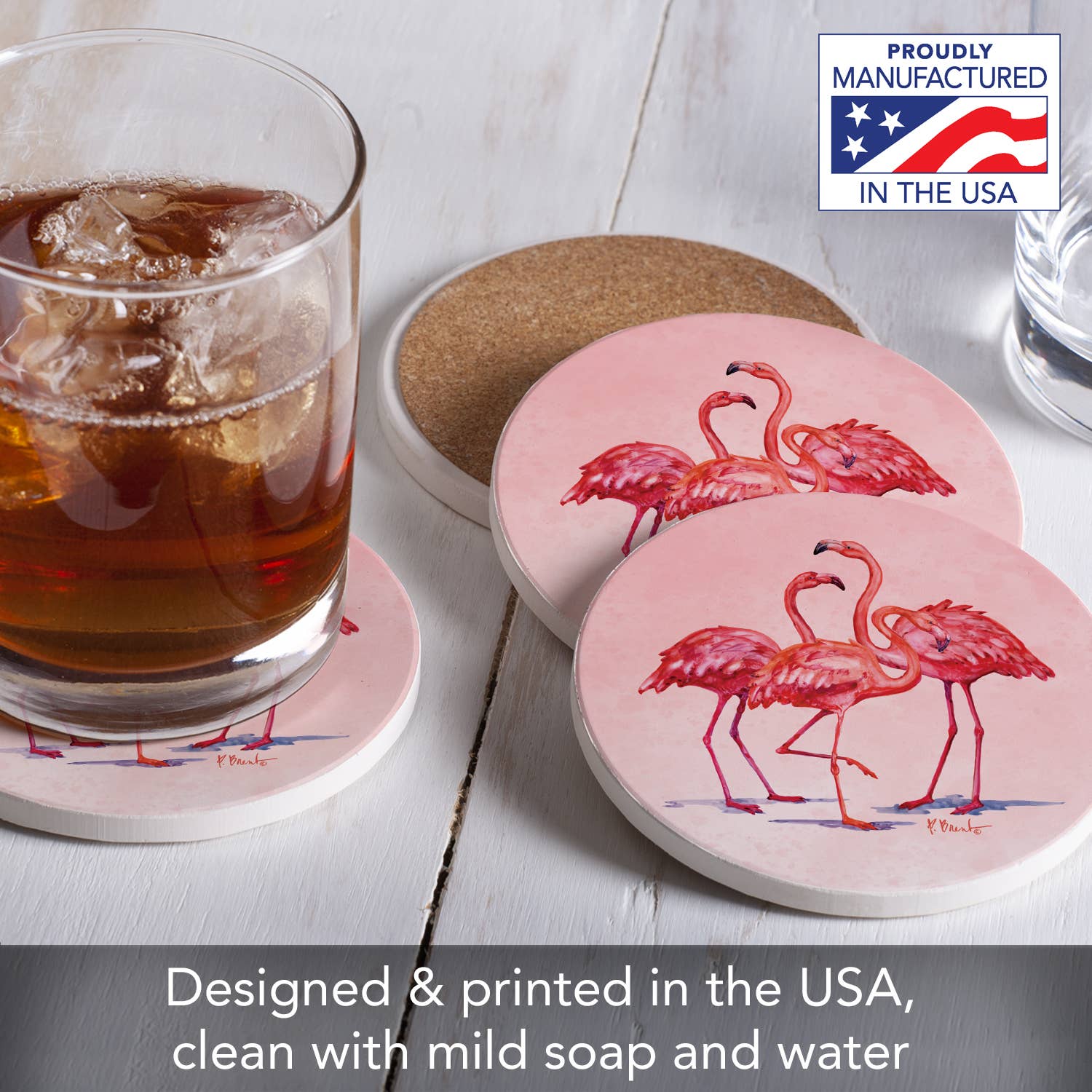 CounterArt/Highland Home/Thirstystone – wholesale Underlägg – ”Hilo Flamingos” 4-pack runda absorberande stenunderlägg2