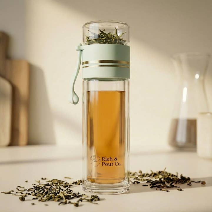 Double-Wall Glass Tea Infuser Tumbler - Leak-Proof Travel Water Bottle for wholesale by Rich & Pour