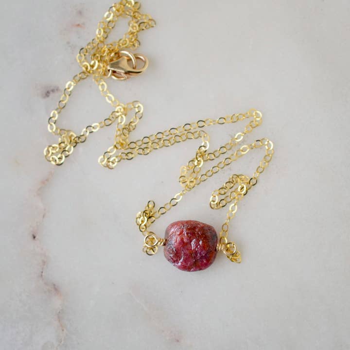 Raw Ruby Necklace in Sterling Silver or 14k Gold Filled for wholesale by GEMNIA
