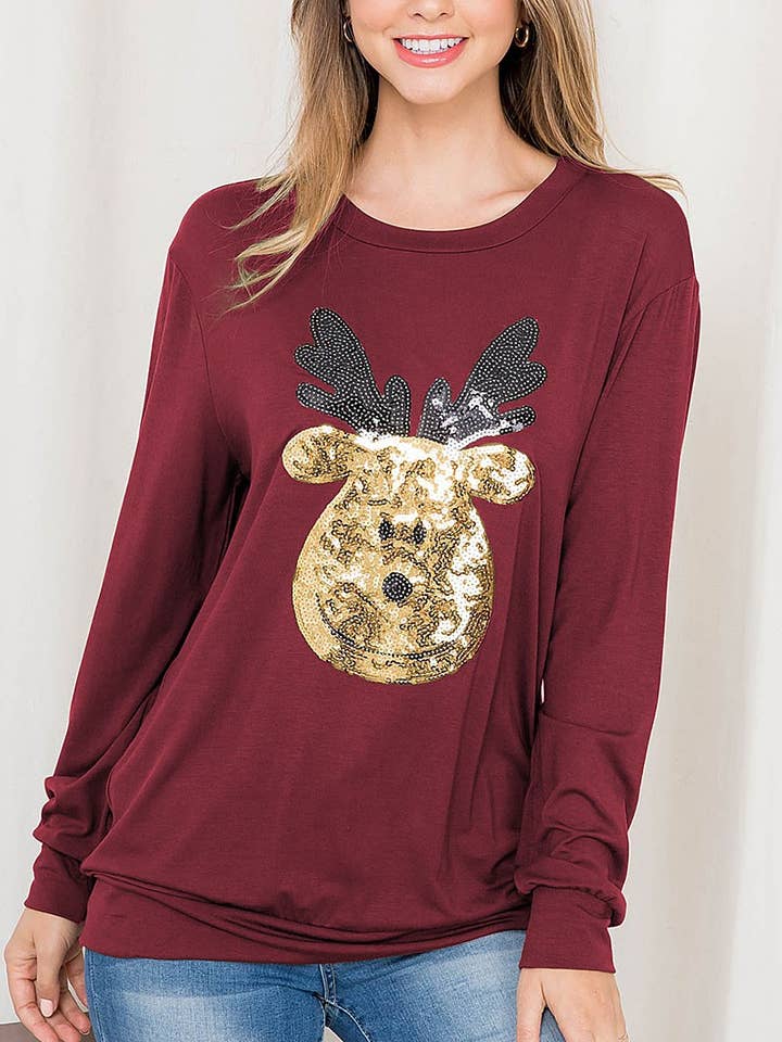 Haut à manches longues avec imprimé élan à sequins pour la vente par ROUSSEAU