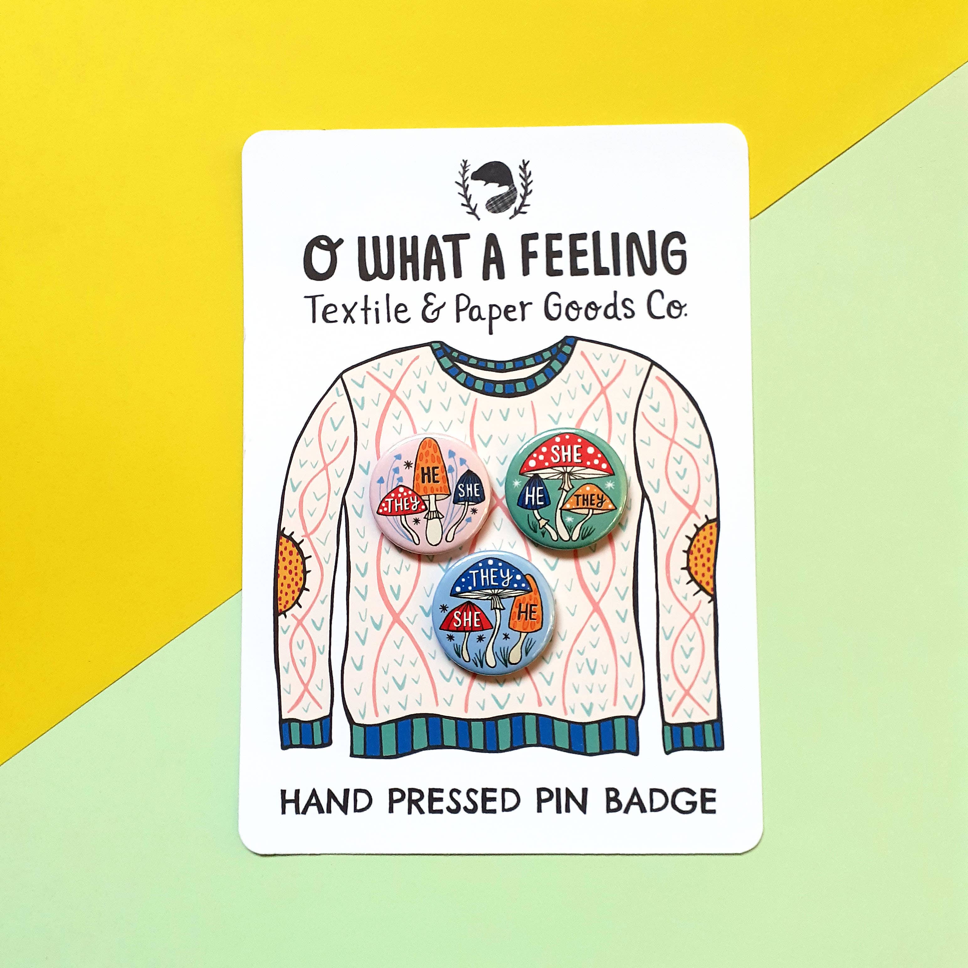 O What A Feeling | Textile & Paper Goods Co. - Wholesale Lapel Pin/Button - Mini 25mm Non-Binary Mushrooms Pronoun Pin Badges8