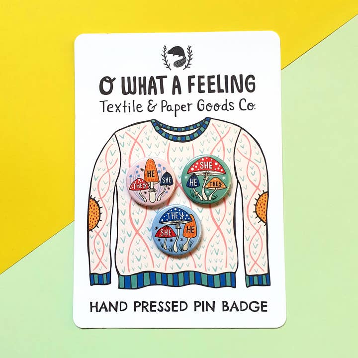 Mini 25mm Non-Binary Mushrooms Pronoun Pin Badges for wholesale by O What A Feeling | Textile & Paper Goods Co.
