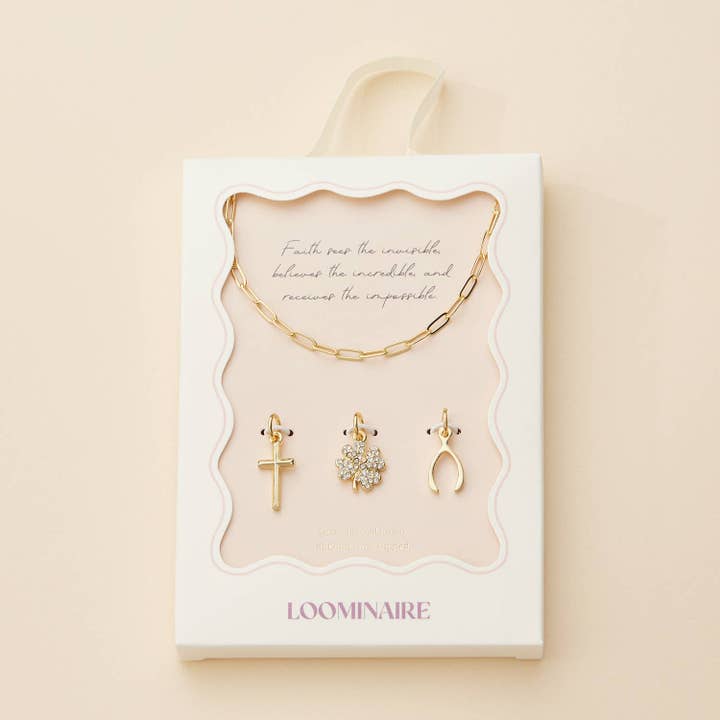 Gold Dipped Charm Necklace with Cross, Clover, and Wishbone for wholesale by Lilla Haven