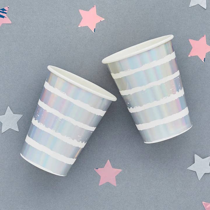 Schillernde gestreifte Pappbecher, 8er-Pack für den Großhandel von Hootyballoo by Club Green