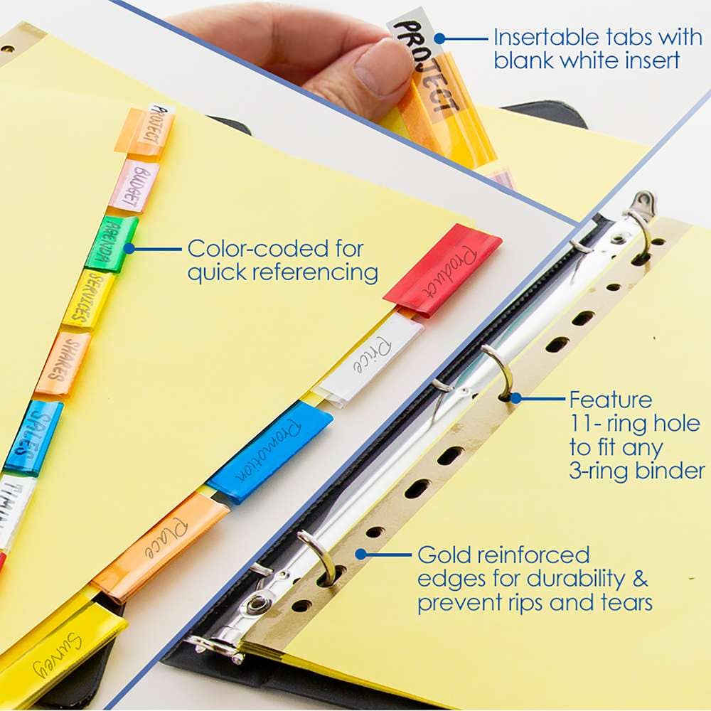Luna Office Supply -  Everyday Essential - Vente Pince-notes - Intercalaires en papier Canary avec 5 onglets de couleur insérables1