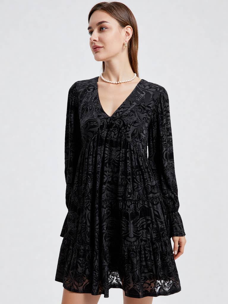 VERY J - Wholesale Dress - Women's - ND31023-Deep V-neck Jacquard Velvet Holiday Mini Dress0