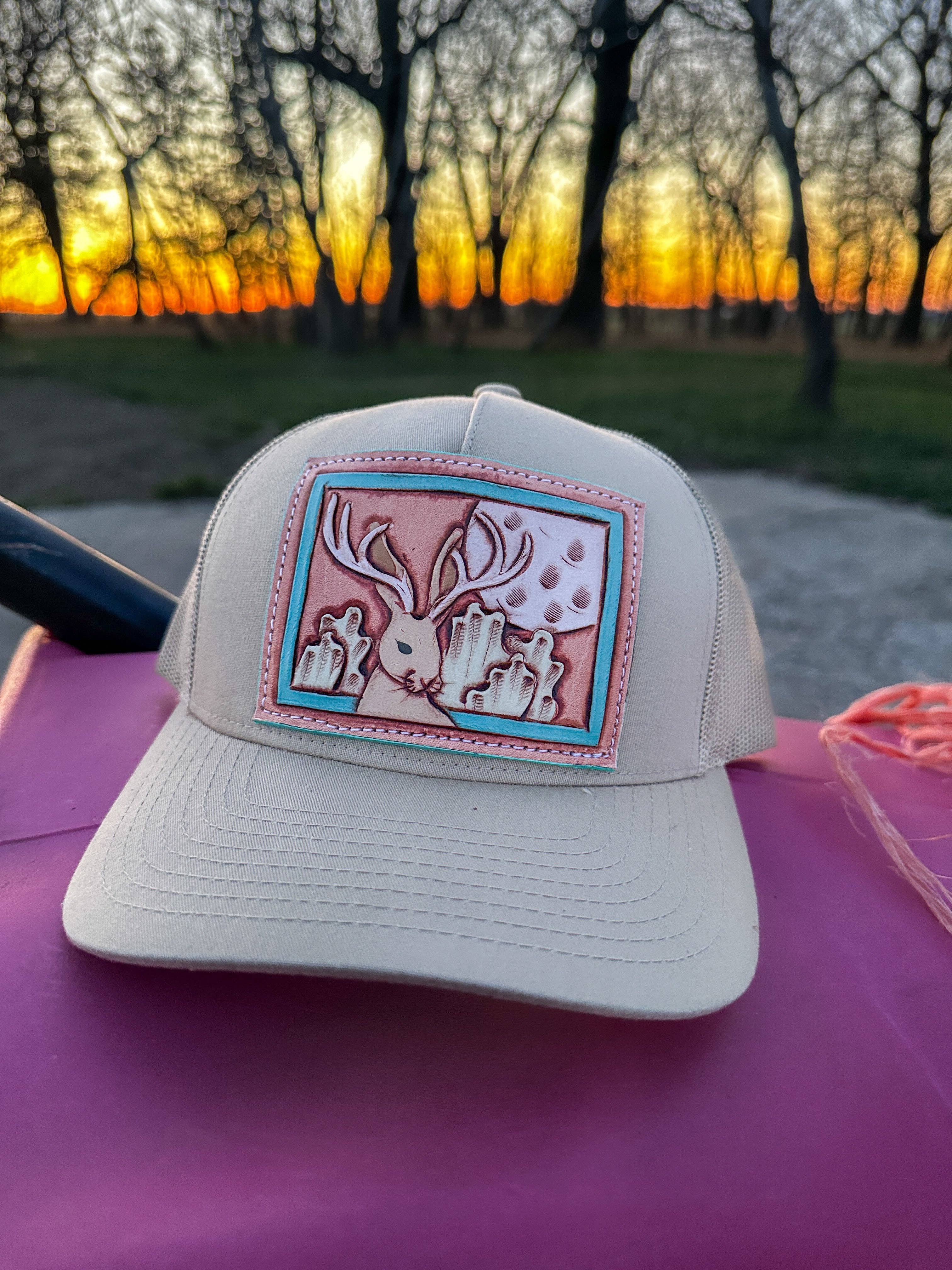 The Rodeo Rose - Wholesale Trucker Hat - Women's - Jackalope Tooled Leather Patch Cap Cowgirl Cowboy Western Rodeo0