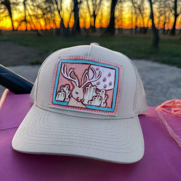 The Rodeo Rose - Wholesale Trucker Hat - Women's - Jackalope Tooled Leather Patch Cap Cowgirl Cowboy Western Rodeo