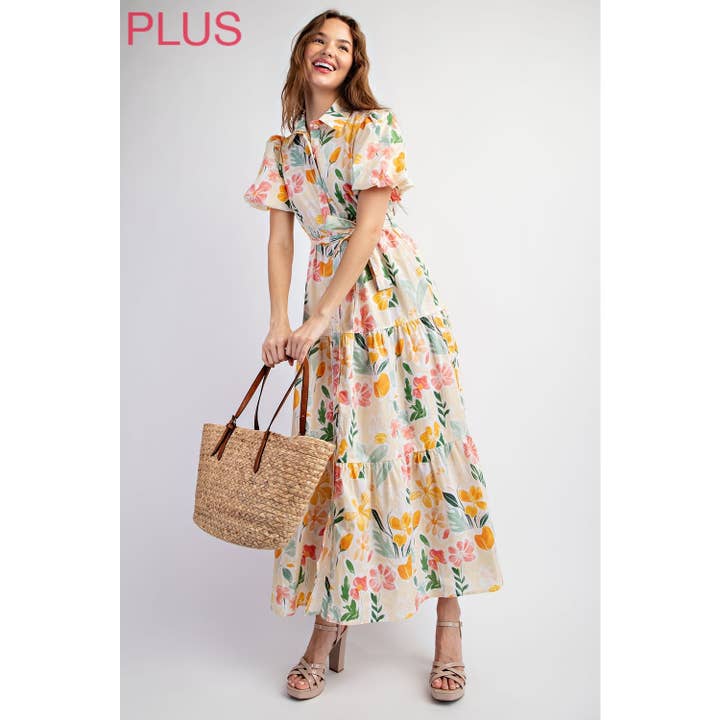 Beige Multi PLUS COTTON FLORAL PRINT SHIRT TIERED MAXI DRESS WITH PUFF S for wholesale on Faire