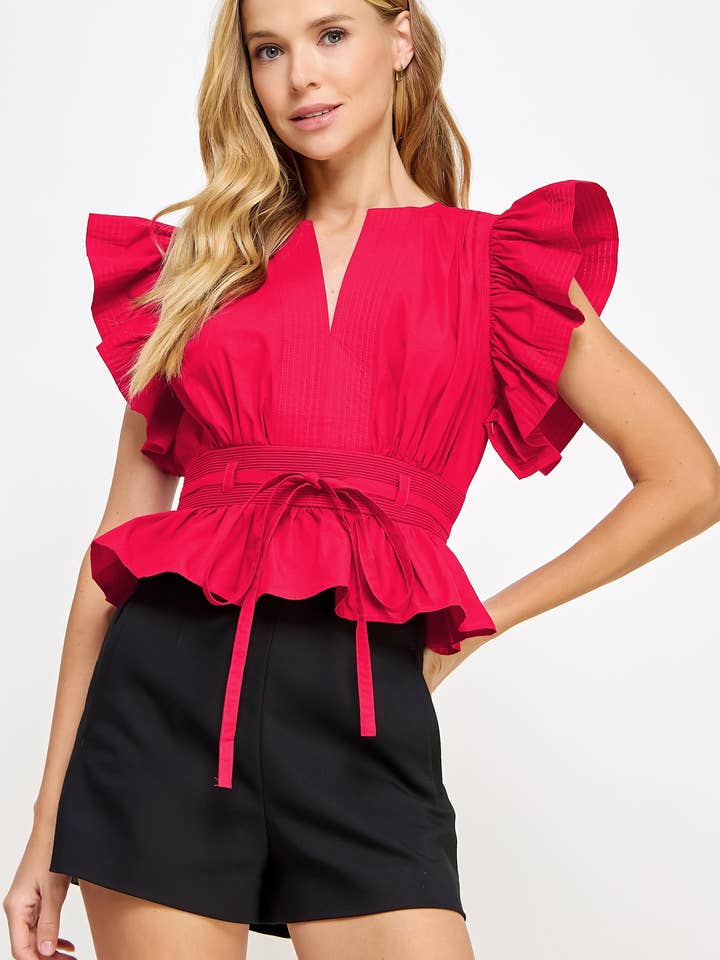 Top en popeline péplum à manches volantées pour la vente par Strut & Bolt