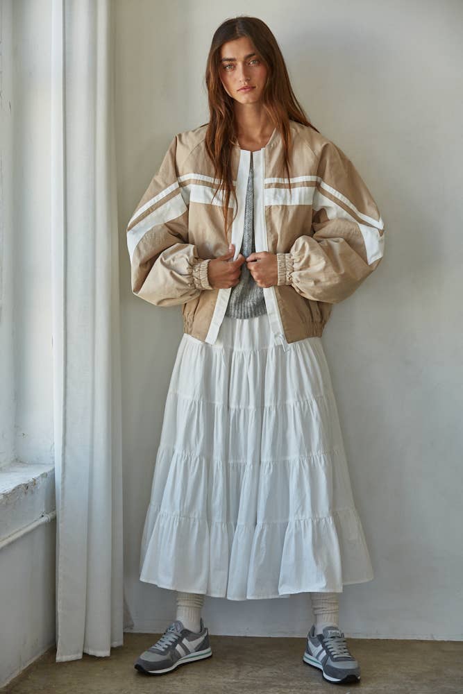 Beige L8723 | Woven Cotton Striped Zip Up Bomber Jacket  for wholesale on Faire0