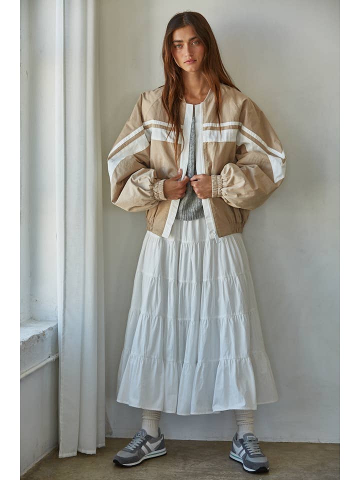 Beige L8723 | Woven Cotton Striped Zip Up Bomber Jacket for wholesale on Faire