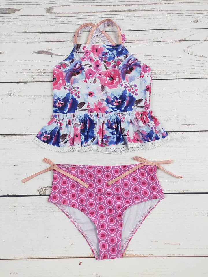 Set de baño de verano para niñas con estampado de flores azules y rosas para venta al por mayor de sassy kids palace