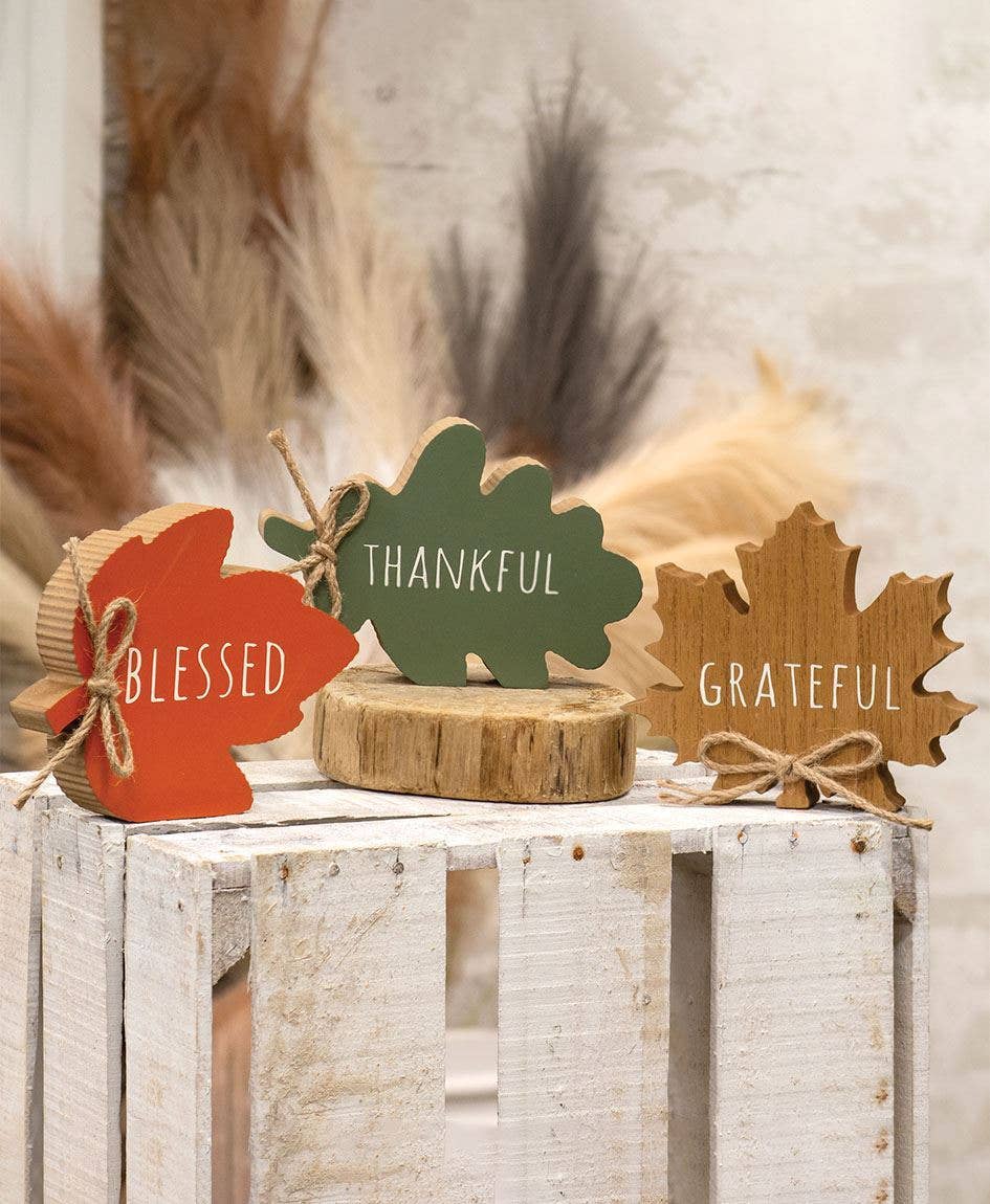 Col House Designs - Wholesale Decorative Tabletop Object - Thankful Grateful Blessed Wood Leaf Sitter, 3 Assorted1