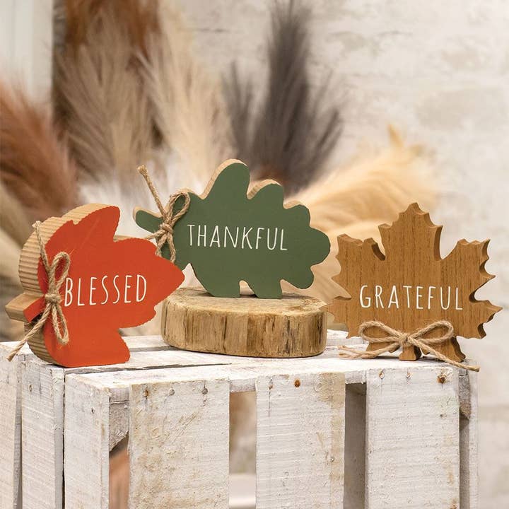 Col House Designs - Wholesale Decorative Tabletop Object - Thankful Grateful Blessed Wood Leaf Sitter, 3 Assorted1