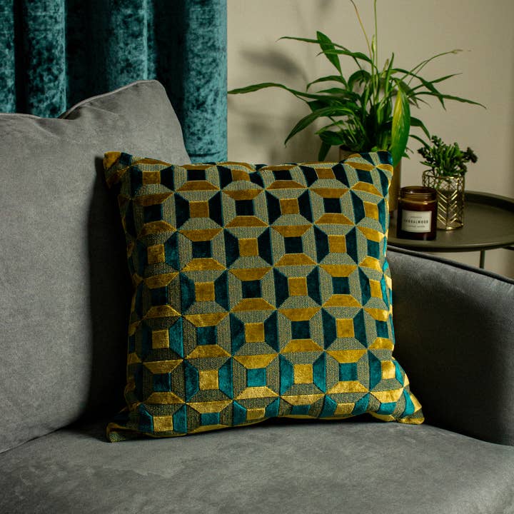 Teal Gold Empire Velvet Jacquard Cushion Teal/Gold for wholesale on Faire3