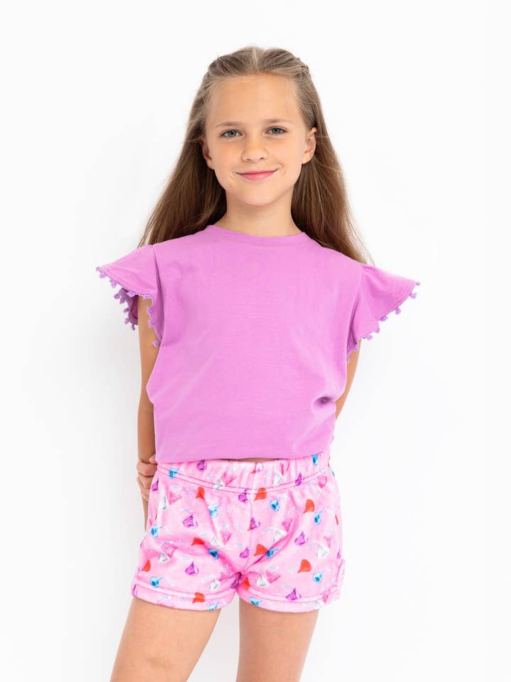 Orchid Chocolate Kisses Plush Lounge Shorts for wholesale on Faire
