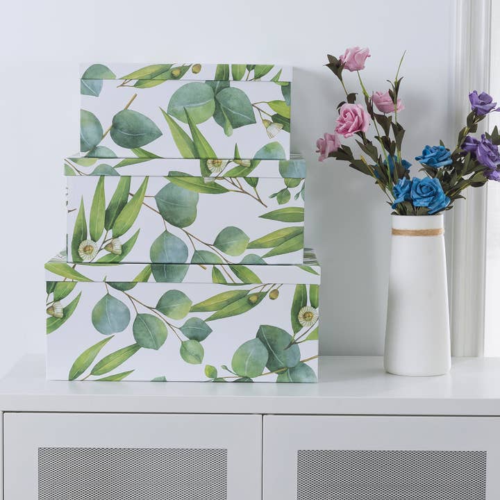 Soul & Lane - Wholesale Decorative Box - Set of 3 Sprigs Of Green Decorative Cardboard Boxes With Lid
