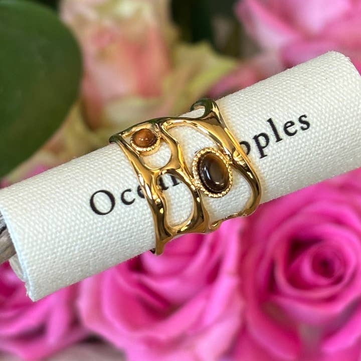 Ocean Ripples - Wholesale Cocktail/Statement Ring - 18ct Gold Plated Adjustable Tiger's Eye Cage Ring 1