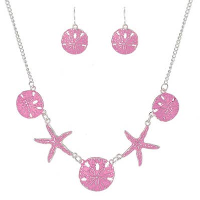 FR3112 Pink Sand dollar Starfish Linked Bib Necklace Set for wholesale by 0011 PREMIERE