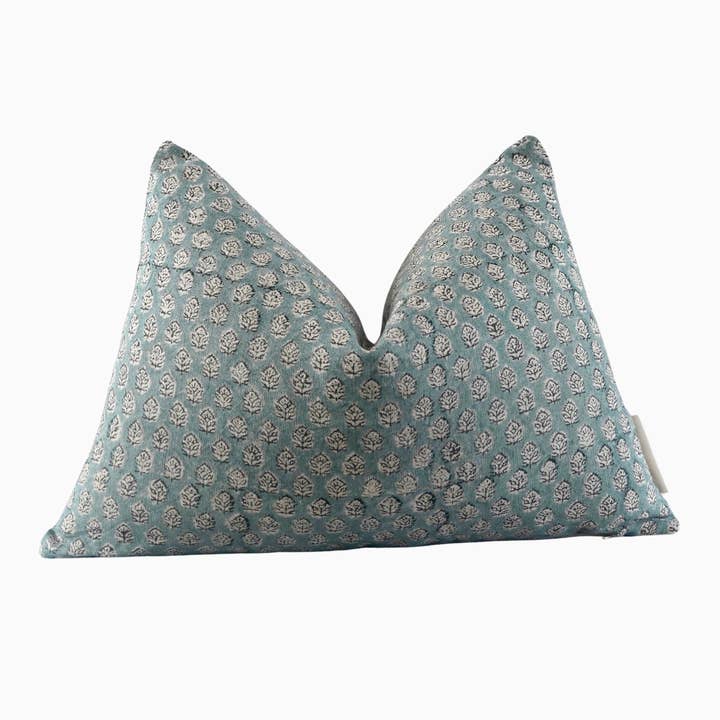 Funda de cojín lumbar floral azul verde, funda de lino turquesa para venta al por mayor de RuffledThread