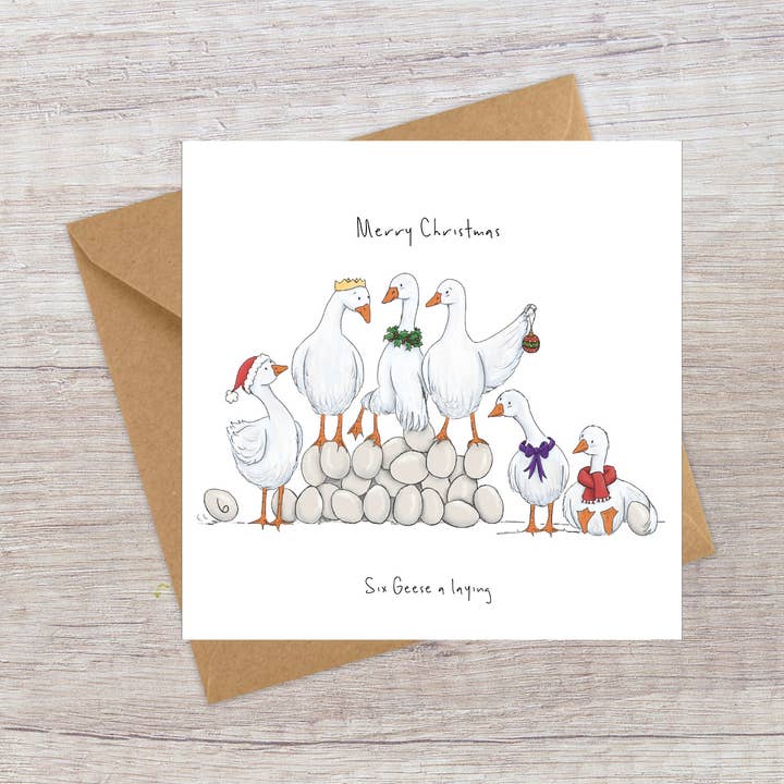 Six Geese a laying - Twelve Days of Christmas card for wholesale by Lucy Driver Illustration
