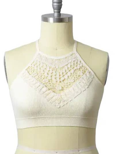Leto Accessories - Wholesale Bralette - Women's - Chic Plus Size Crochet Lace Bralette with High Neck Design