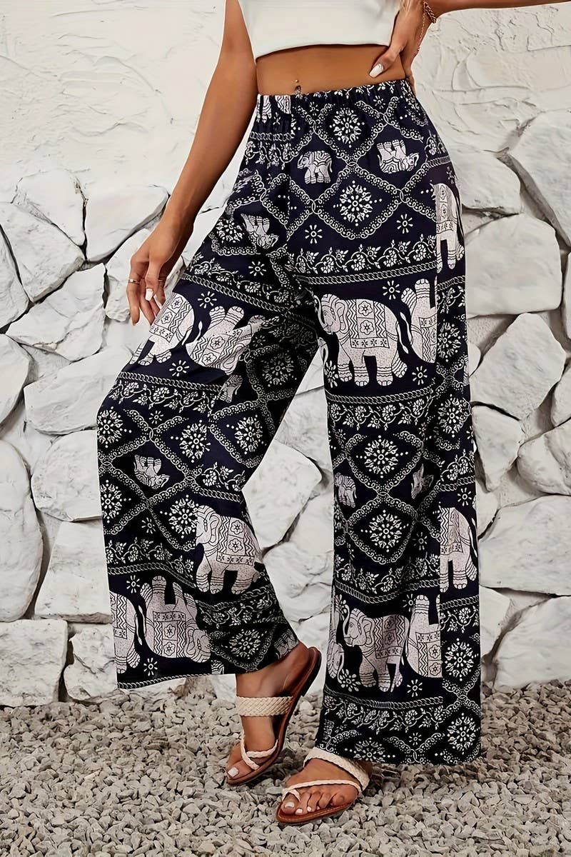 BLACK CWBLP2076_BOHO ELEPHANT PRINT DRAPED WIDE LEG PANTS for wholesale on Faire2