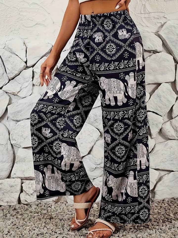 BLACK CWBLP2076_BOHO ELEPHANT PRINT DRAPED WIDE LEG PANTS for wholesale on Faire2