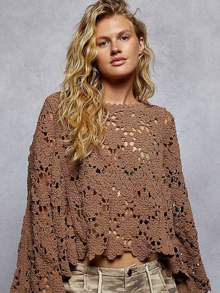 Pol Clothing - Wholesale Knit Sweater - Women's - Textured Chenille Sweater Loose Fit Crochet Top 17