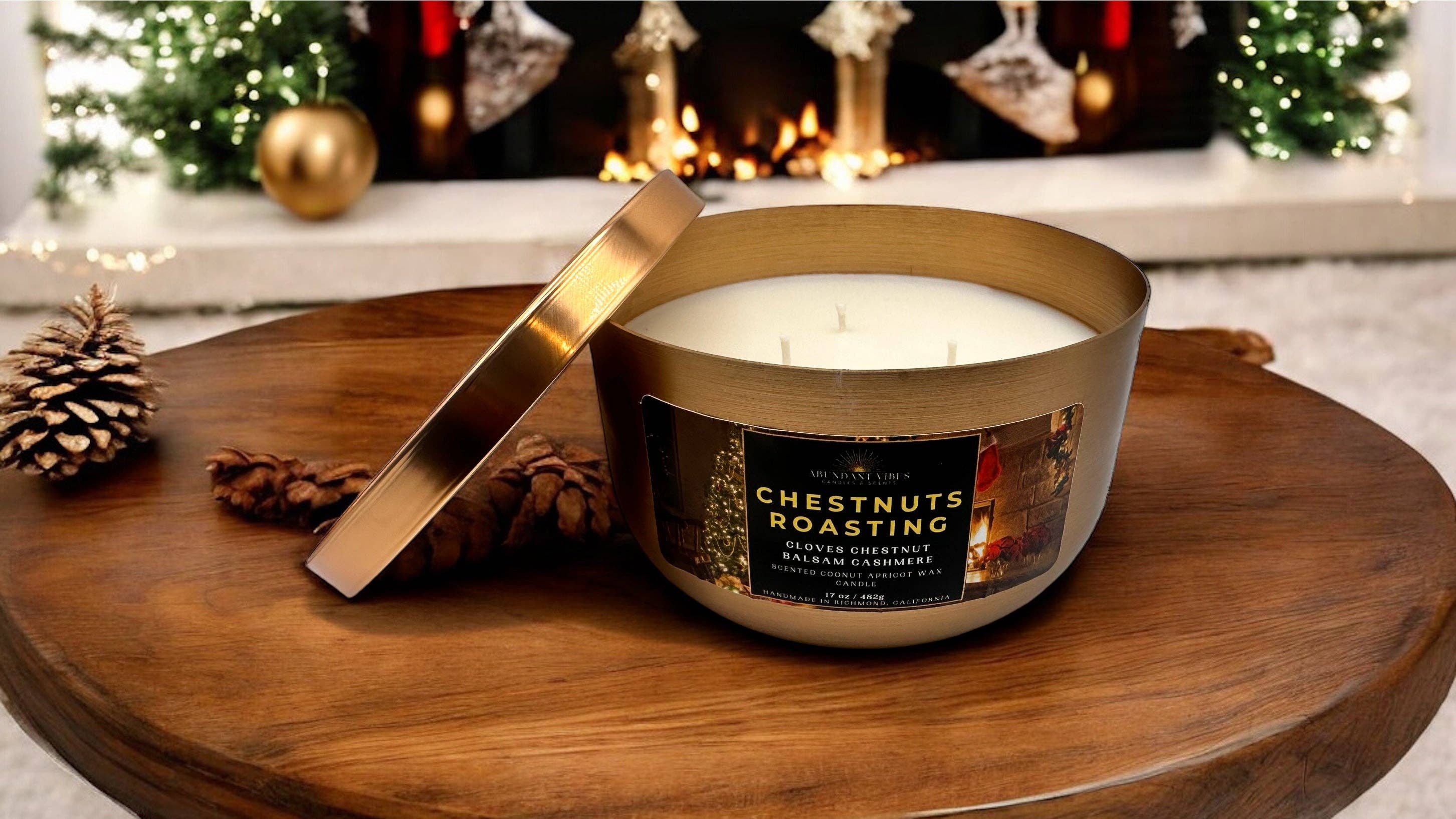 Abundant Vibes Candles & Scents - Wholesale Jar/Filled Candle - Chestnuts Roasting 17oz Candle (Chestnut + Clove + Cashmere)