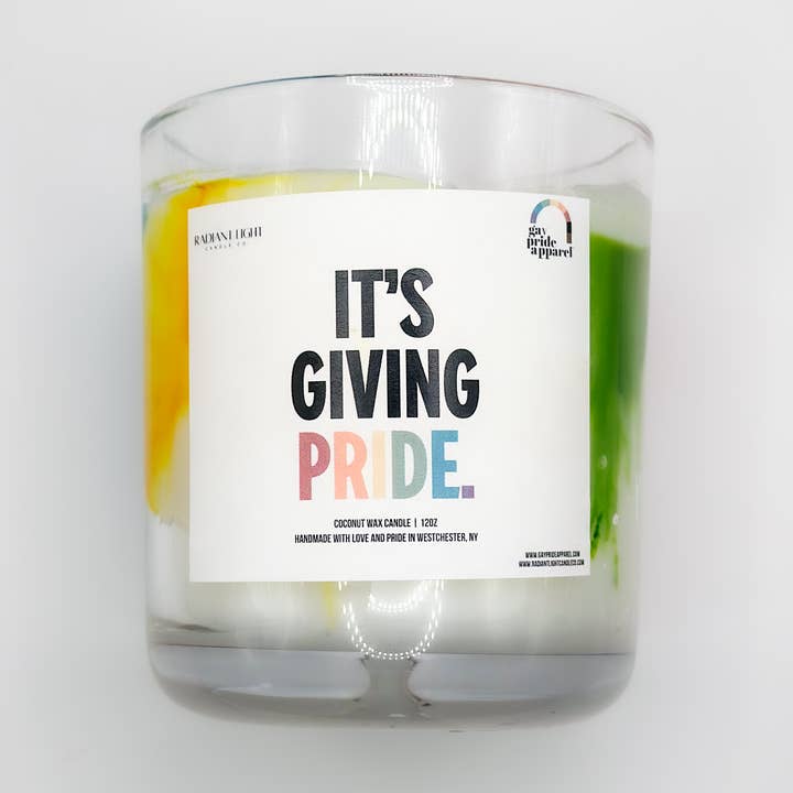 Its Giving Pride Marbled Clear Glass Candle for wholesale by Radiant Light Inc