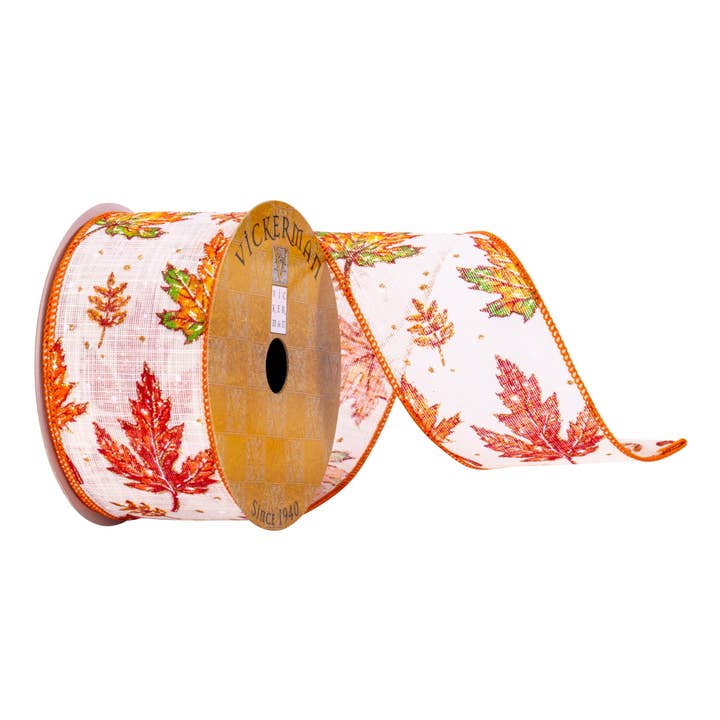 Vickerman 2.5" x 10 Yards White Fall Leaves Ribbon for wholesale by Vickerman