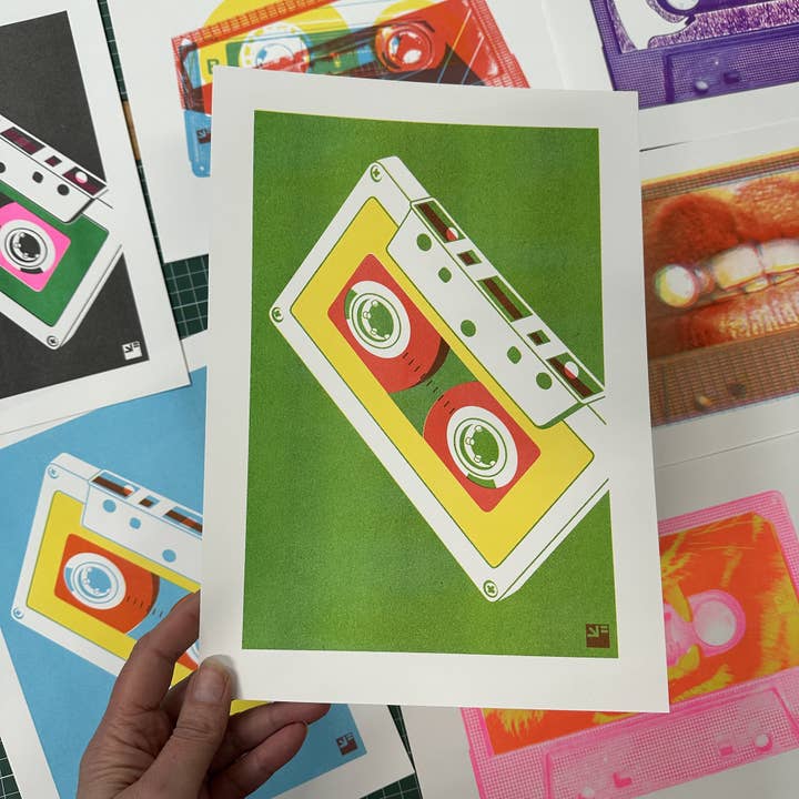 VrijFormaat - Wholesale Art Print - riso print - Mixed Tapes - color combo green/yellow/red 1