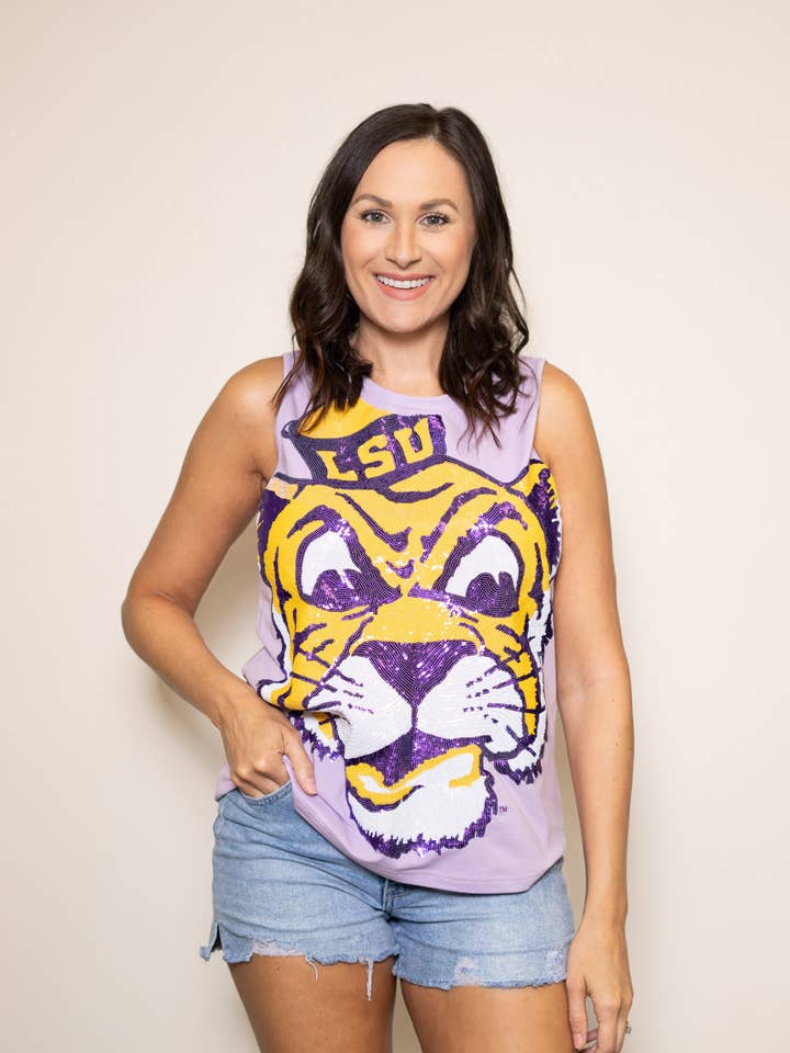 LSU Full Face Vintage Tiger (LICENSED) | Sequin Tank (Lav) for wholesale by BOMB DESIGNS